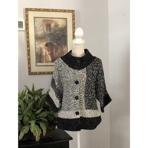Chico’s Women Size 1 Black White Cardigan Sweater Open Front Button 3/4 Sleeve